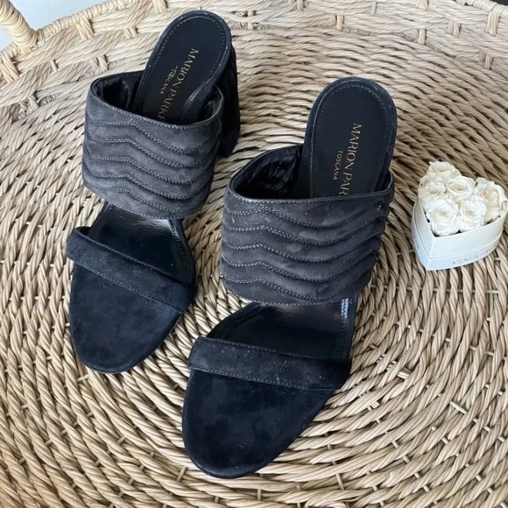 New Marion Parke BLACK Quilted Suede Leather Slide Sandals - Picture 5 of 15